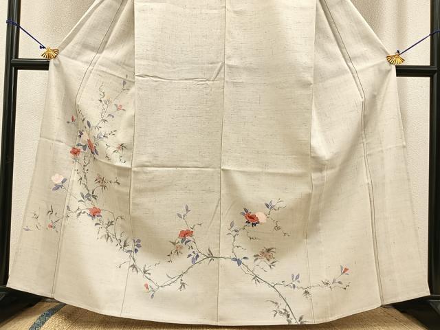 平和屋着物▽訪問着 単衣 紬地 枝椿文 正絹 逸品 BAAT0430yt