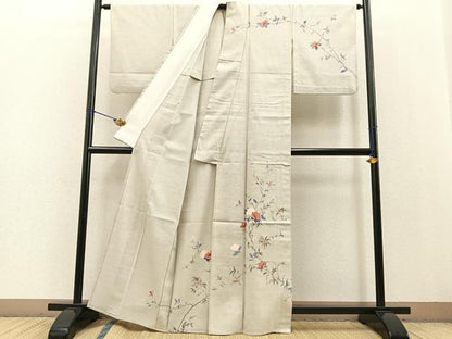 平和屋着物▽訪問着 単衣 紬地 枝椿文 正絹 逸品 BAAT0430yt