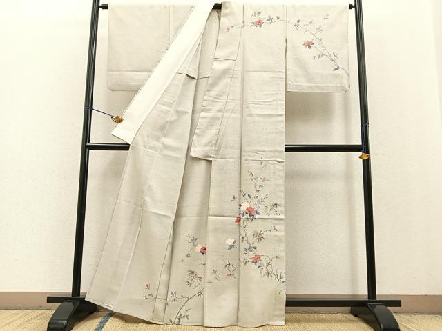 平和屋着物▽訪問着 単衣 紬地 枝椿文 正絹 逸品 BAAT0430yt