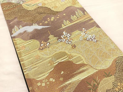 平和屋着物◎六通柄袋帯 唐織 道長風景文 黒地 金銀糸 正絹 逸品 BAAT0455yt