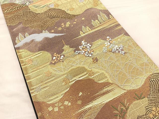 平和屋着物◎六通柄袋帯 唐織 道長風景文 黒地 金銀糸 正絹 逸品 BAAT0455yt