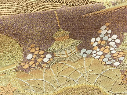 平和屋着物◎六通柄袋帯 唐織 道長風景文 黒地 金銀糸 正絹 逸品 BAAT0455yt