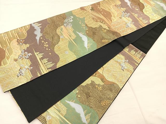 平和屋着物◎六通柄袋帯 唐織 道長風景文 黒地 金銀糸 正絹 逸品 BAAT0455yt