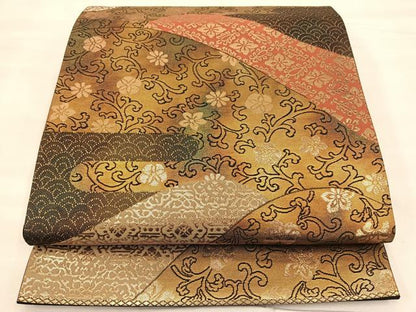 平和屋着物◎六通柄袋帯 遠山重ね花文 金糸 引箔 正絹 逸品 BAAT0471yt