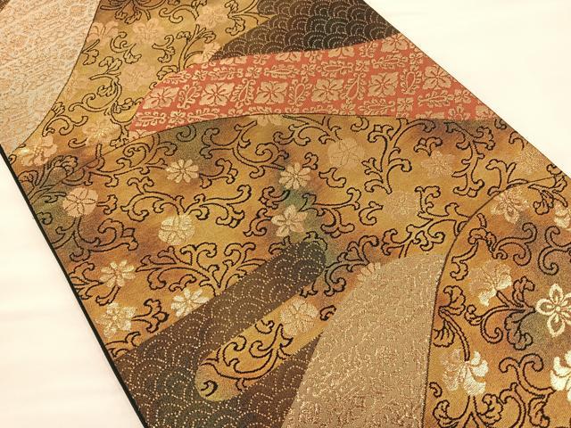 平和屋着物◎六通柄袋帯 遠山重ね花文 金糸 引箔 正絹 逸品 BAAT0471yt
