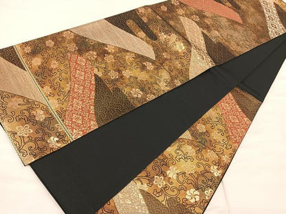 平和屋着物◎六通柄袋帯 遠山重ね花文 金糸 引箔 正絹 逸品 BAAT0471yt