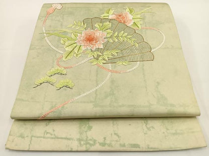 平和屋着物◎太鼓柄袋帯 総刺繍 駒刺繍 檜扇花文 金糸 引箔 正絹 逸品 BAAT0509yt