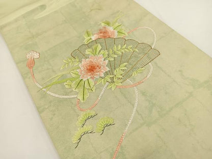 平和屋着物◎太鼓柄袋帯 総刺繍 駒刺繍 檜扇花文 金糸 引箔 正絹 逸品 BAAT0509yt