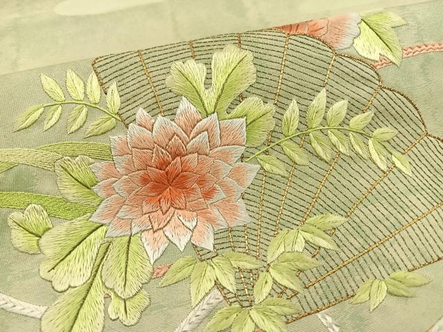 平和屋着物◎太鼓柄袋帯 総刺繍 駒刺繍 檜扇花文 金糸 引箔 正絹 逸品 BAAT0509yt