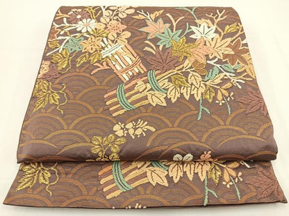 平和屋着物◎六通柄袋帯 唐織 草花文 金糸 正絹 逸品 BAAT0514yt