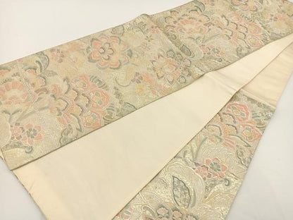 平和屋着物◎六通柄袋帯 更紗花文 銀糸 正絹 逸品 BAAT0547yt