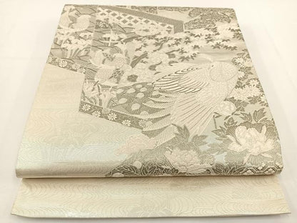 平和屋着物◎太鼓柄袋帯 花鳥文 銀糸 正絹 逸品 BAAT0549yt
