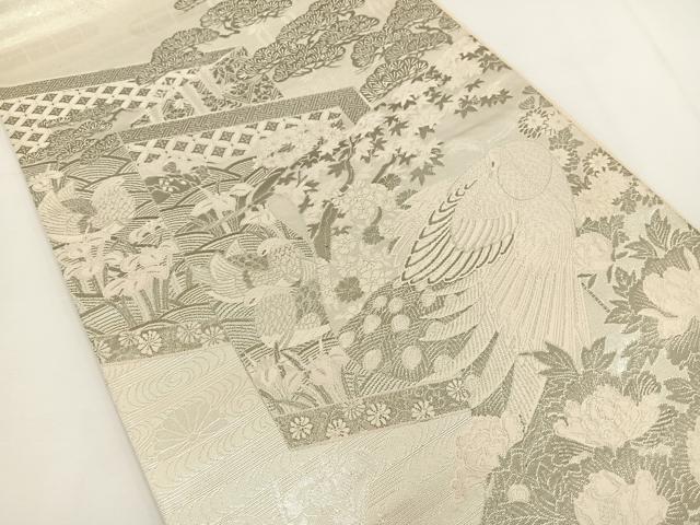 平和屋着物◎太鼓柄袋帯 花鳥文 銀糸 正絹 逸品 BAAT0549yt