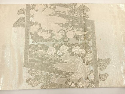 平和屋着物◎太鼓柄袋帯 花鳥文 銀糸 正絹 逸品 BAAT0549yt