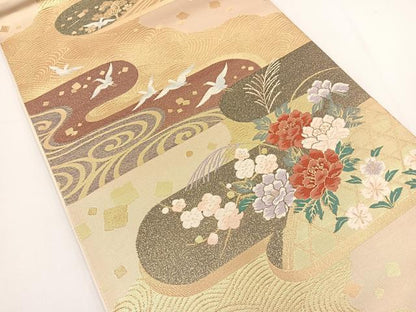 平和屋着物◎六通柄袋帯 唐織 寛永飛翔錦 飛鳥葡萄蔦の葉文 金糸 正絹 逸品 BAAT0555yt