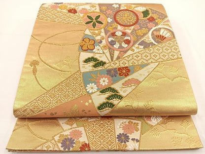 平和屋着物◎六通柄袋帯 唐織 檜扇吉祥文 金糸 正絹 逸品 BAAT0556yt