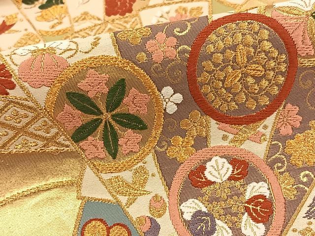 平和屋着物◎六通柄袋帯 唐織 檜扇吉祥文 金糸 正絹 逸品 BAAT0556yt