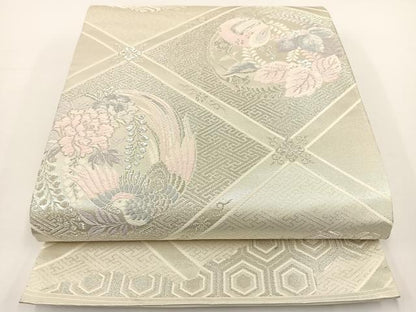 平和屋着物◎六通柄袋帯 唐織 天井花鳥文 銀糸 正絹 逸品 BAAT0557yt
