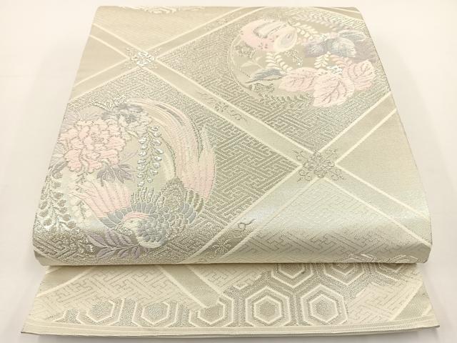 平和屋着物◎六通柄袋帯 唐織 天井花鳥文 銀糸 正絹 逸品 BAAT0557yt