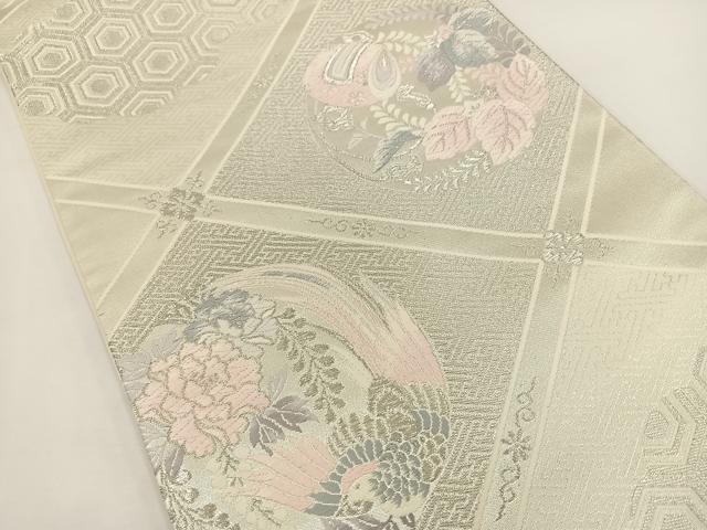 平和屋着物◎六通柄袋帯 唐織 天井花鳥文 銀糸 正絹 逸品 BAAT0557yt