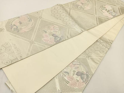 平和屋着物◎六通柄袋帯 唐織 天井花鳥文 銀糸 正絹 逸品 BAAT0557yt