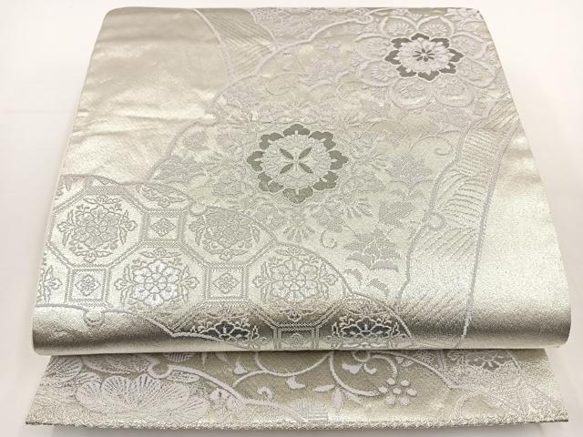 平和屋着物◎六通柄袋帯 唐織 雪輪花文 銀糸 正絹 逸品 BAAT0559yt