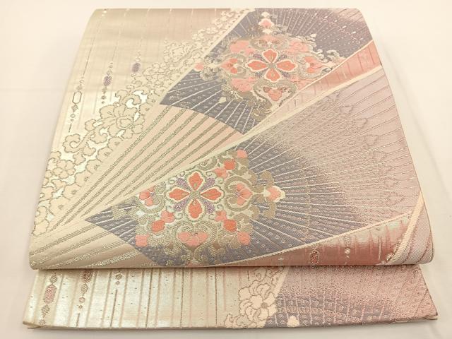 平和屋着物◎六通柄袋帯 扇面花文 銀糸 正絹 逸品 BAAT0569yt