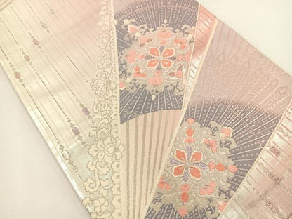 平和屋着物◎六通柄袋帯 扇面花文 銀糸 正絹 逸品 BAAT0569yt