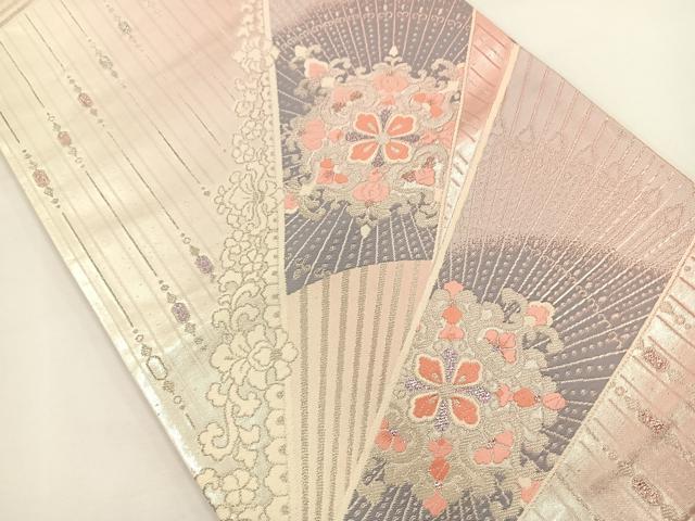 平和屋着物◎六通柄袋帯 扇面花文 銀糸 正絹 逸品 BAAT0569yt