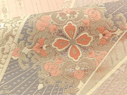平和屋着物◎六通柄袋帯 扇面花文 銀糸 正絹 逸品 BAAT0569yt
