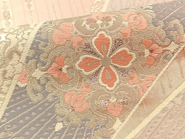 平和屋着物◎六通柄袋帯 扇面花文 銀糸 正絹 逸品 BAAT0569yt