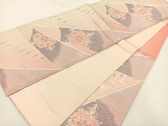 平和屋着物◎六通柄袋帯 扇面花文 銀糸 正絹 逸品 BAAT0569yt