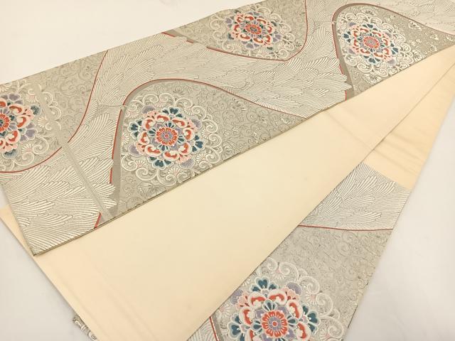 平和屋着物◎六通柄袋帯 唐織 九百錦 孔雀花文 銀糸 正絹 逸品 BAAT0570yt