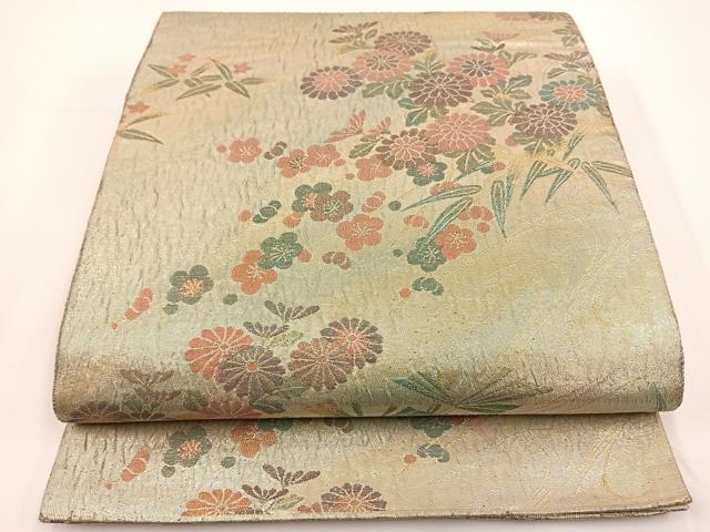 平和屋着物◎六通柄袋帯 ふくれ織 光琳 流水花文 金糸 正絹 逸品 BAAT0575yt