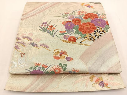 平和屋着物◎六通柄袋帯 唐織 九百錦織 扇花鳥文 純プラチナ箔貮重箔 正絹 逸品 BAAT0580yt