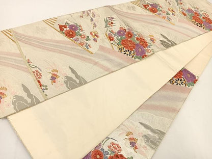 平和屋着物◎六通柄袋帯 唐織 九百錦織 扇花鳥文 純プラチナ箔貮重箔 正絹 逸品 BAAT0580yt
