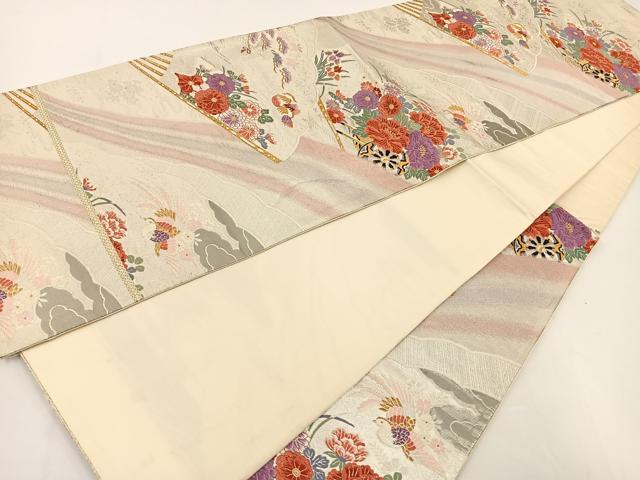 平和屋着物◎六通柄袋帯 唐織 九百錦織 扇花鳥文 純プラチナ箔貮重箔 正絹 逸品 BAAT0580yt