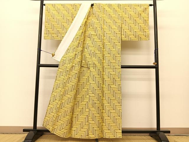 平和屋着物▽上質な紬 単衣 幾何学文様 正絹 逸品 BAAT0610yc