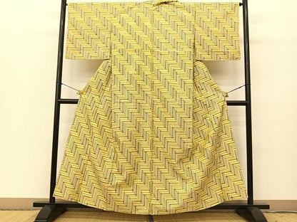 平和屋着物▽上質な紬 単衣 幾何学文様 正絹 逸品 BAAT0610yc