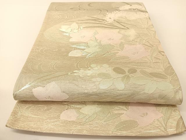 平和屋着物＊夏物 六通柄袋帯 流水秋草文 銀糸 正絹 逸品 BAAT0730yc