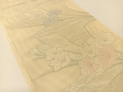平和屋着物＊夏物　六通柄袋帯　草花文　銀糸　正絹　逸品　BAAT0736yc