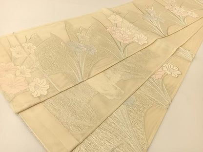 平和屋着物＊夏物　六通柄袋帯　草花文　銀糸　正絹　逸品　BAAT0736yc
