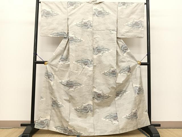 平和屋着物●本場大島紬 白大島 9マルキ 雲取り風景文 正絹 逸品 BAAT0801yc