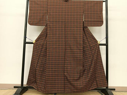 平和屋着物●黄八丈 紬 格子柄 正絹 逸品 BAAT0807yc