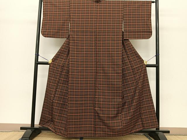 平和屋着物●黄八丈 紬 格子柄 正絹 逸品 BAAT0807yc