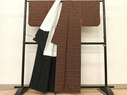 平和屋着物●黄八丈 紬 格子柄 正絹 逸品 BAAT0807yc