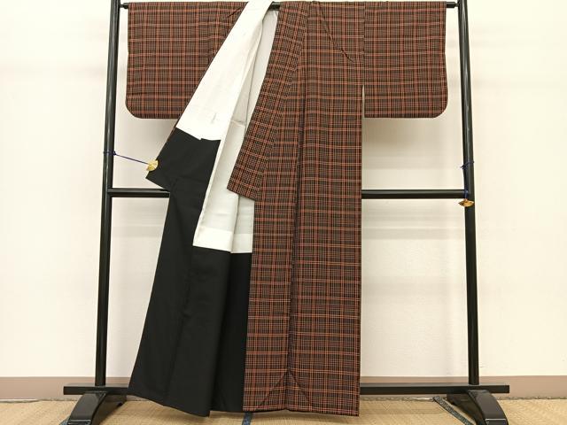 平和屋着物●黄八丈 紬 格子柄 正絹 逸品 BAAT0807yc
