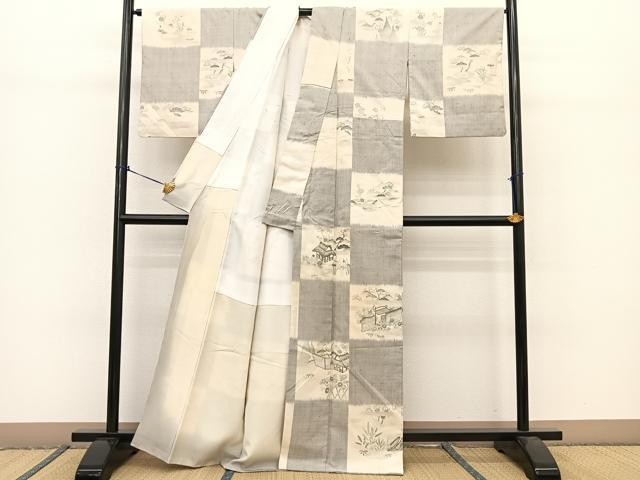 平和屋着物●生紬 市松風景文 正絹 逸品 BAAT0857yc