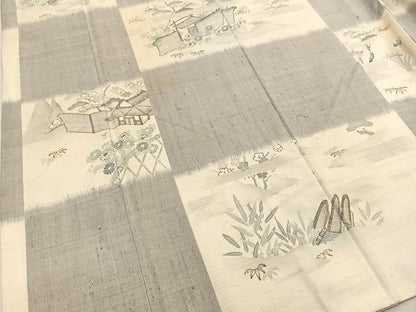 平和屋着物●生紬 市松風景文 正絹 逸品 BAAT0857yc