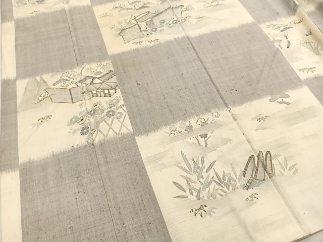 平和屋着物●生紬 市松風景文 正絹 逸品 BAAT0857yc